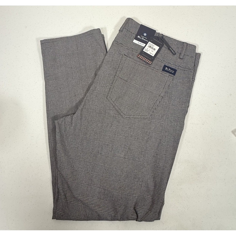 Ben Sherman Slim Fit Plaid Dress Pants 40x 32 Charcoal Stretch NEW